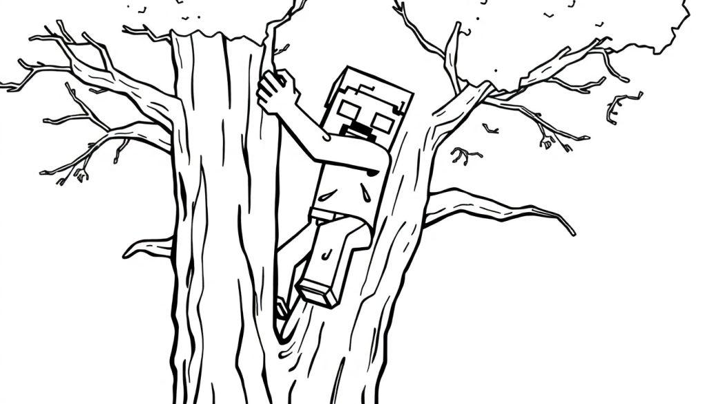 Kleurplaat van een Minecraft-achtige zombie die bezorgd in een kale boom klimt.