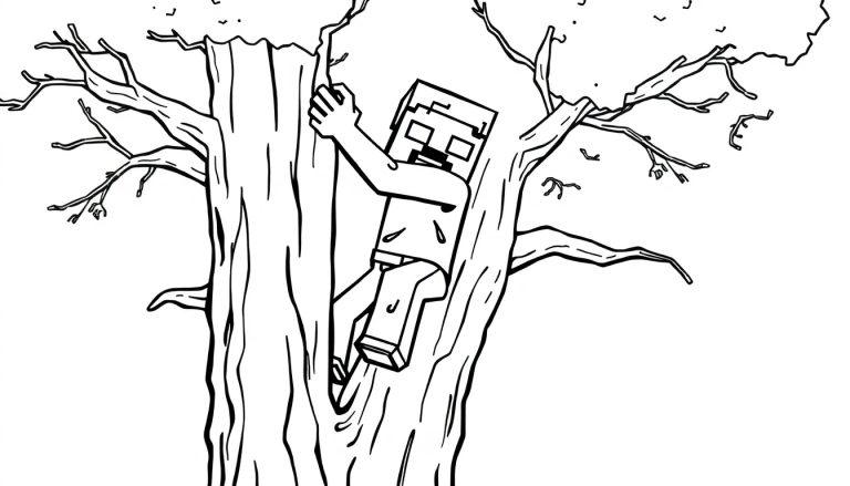 Kleurplaat van een Minecraft-achtige zombie die bezorgd in een kale boom klimt.