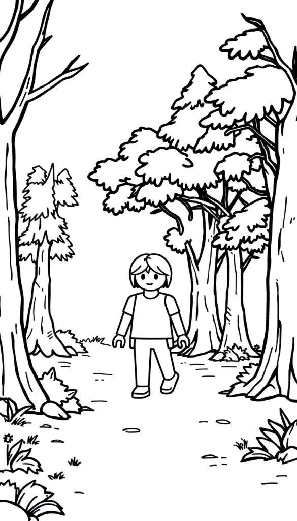 Zwart-wit kleurplaat van een Playmobil-achtig figuurtje dat door een bos loopt met gras, bomen en struiken.