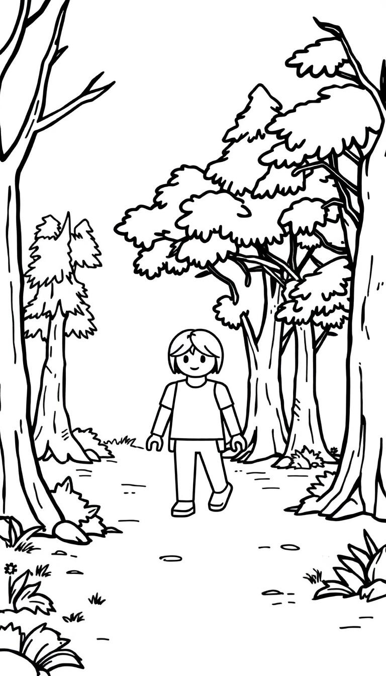 Zwart-wit kleurplaat van een Playmobil-achtig figuurtje dat door een bos loopt met gras, bomen en struiken.