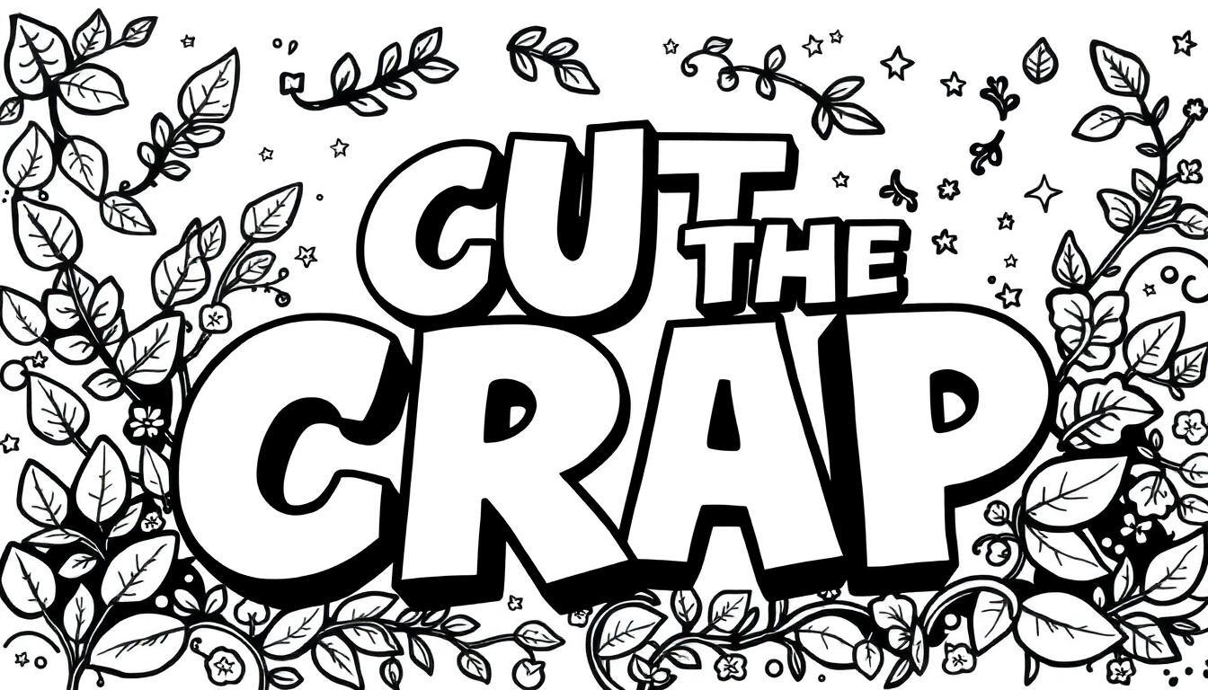 Zwart-wit kleurplaat met grote letters 'CUT THE CRAP' en decoratieve patronen van bladeren, bloemen en sterretjes.