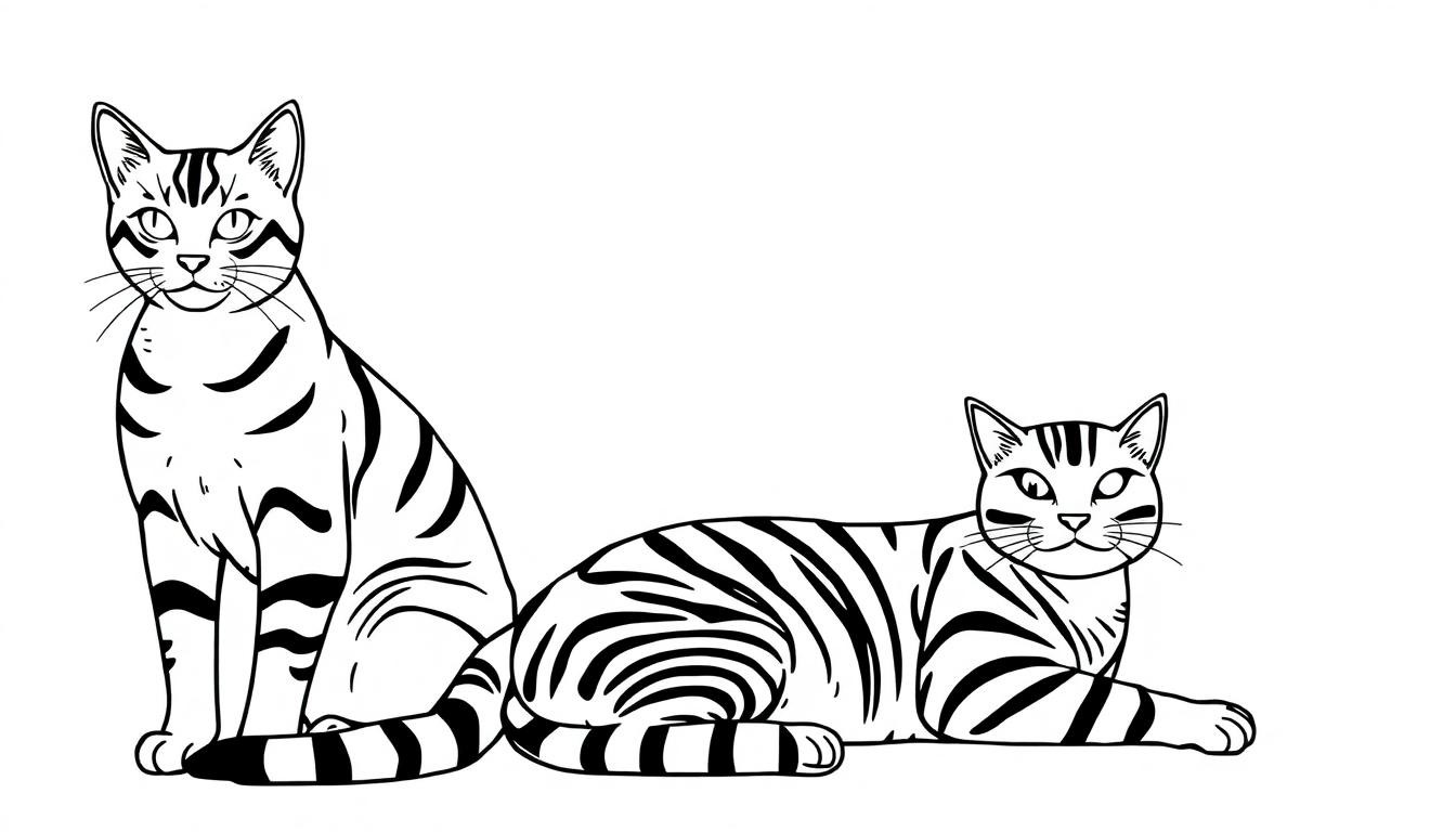 Zwart-wit kleurplaat van twee katten met strepen. Een kat zit rechtop, de ander ligt ontspannen.