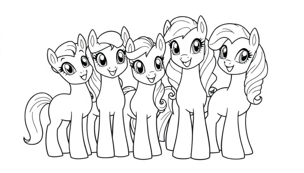 Een zwart-wit kleurplaat van vijf schattige pony's met vrolijke gezichten en verschillende kapsels.