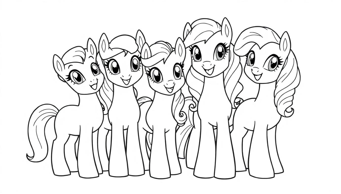 Een zwart-wit kleurplaat van vijf schattige pony's met vrolijke gezichten en verschillende kapsels.