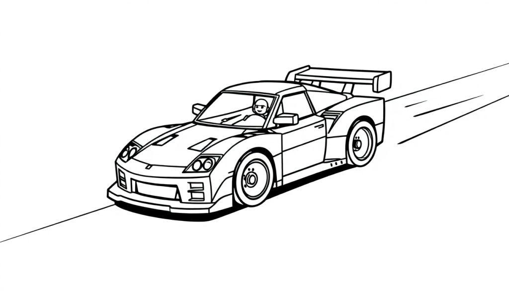 Kleurplaat van een sportieve Lego raceauto met een grote achtervleugel en een bestuurder met helm.