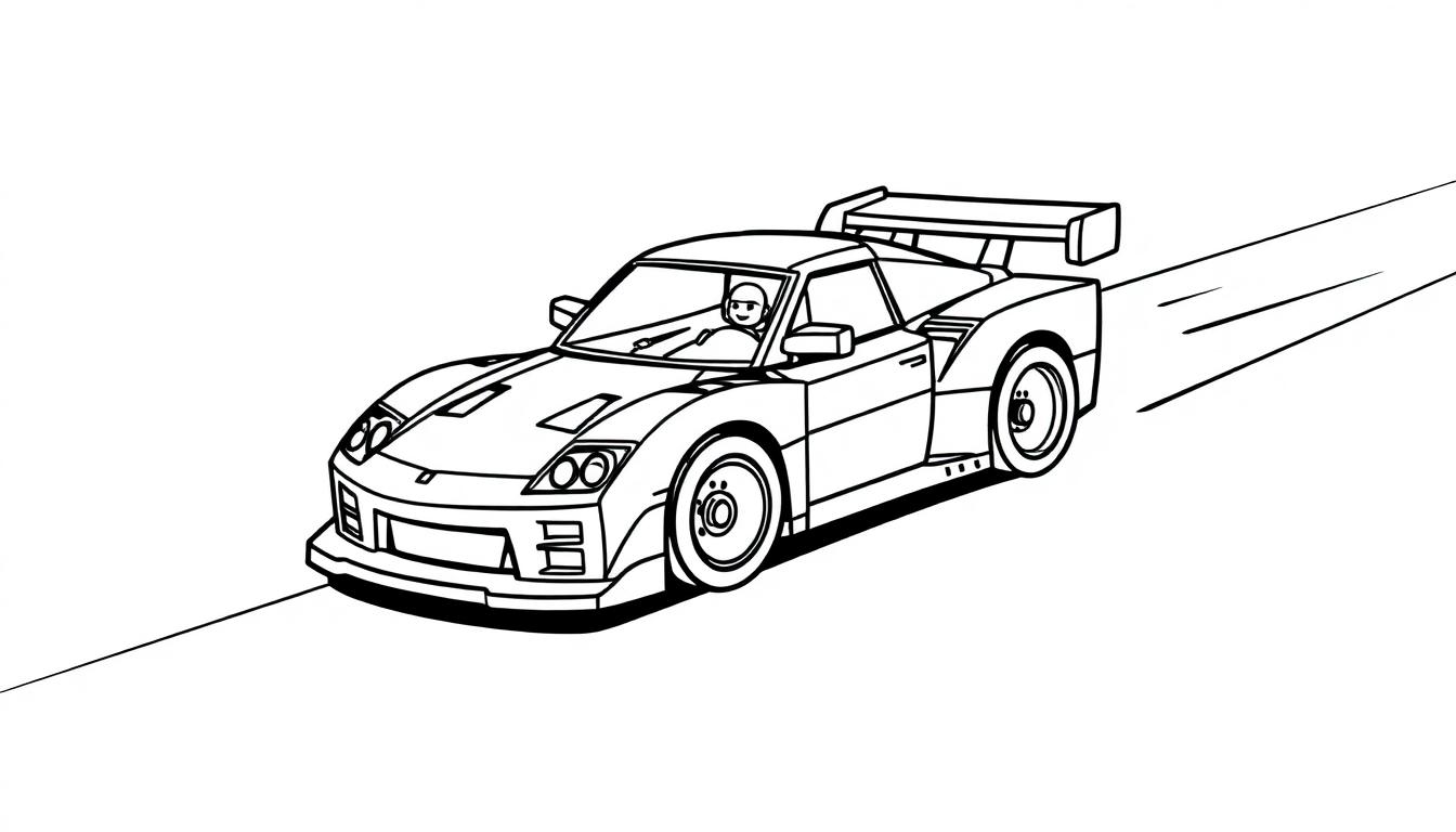 Kleurplaat van een sportieve Lego raceauto met een grote achtervleugel en een bestuurder met helm.