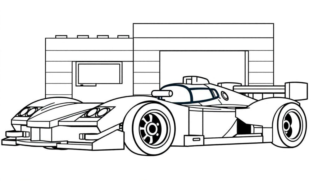Kleurplaat van een LEGO raceauto met een aerodynamisch ontwerp en een gebouw op de achtergrond.