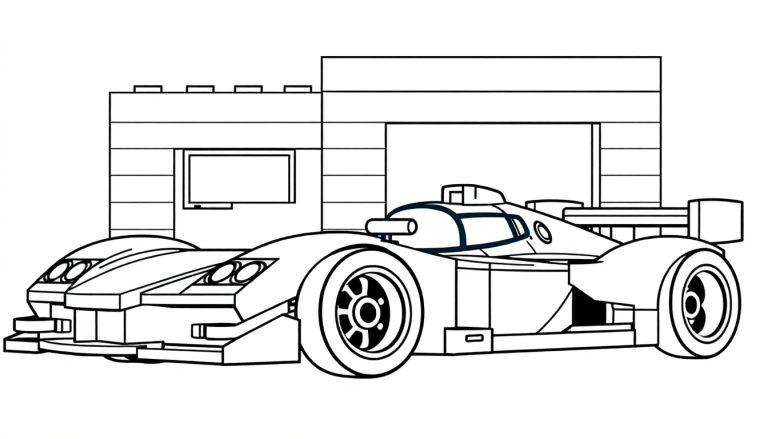 Kleurplaat van een LEGO raceauto met een aerodynamisch ontwerp en een gebouw op de achtergrond.