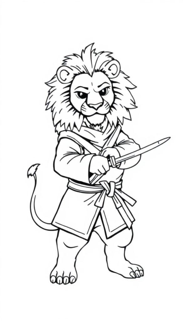 Kleurplaat van een leeuw als ninja in een oosters gevechtskostuum met een zwaard.