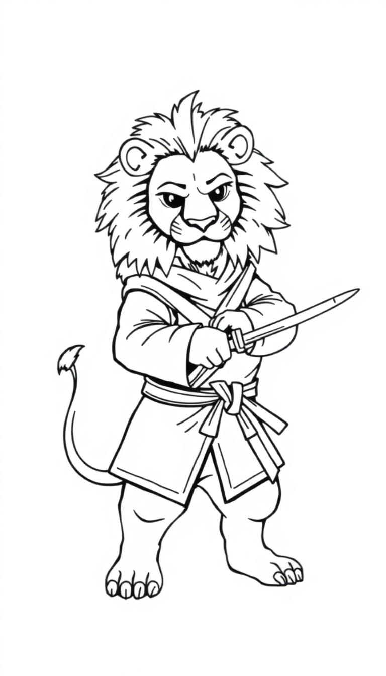 Kleurplaat van een leeuw als ninja in een oosters gevechtskostuum met een zwaard.