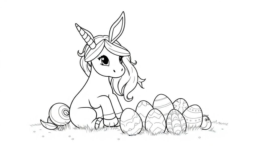 Kleurplaat van een schattige eenhoorn met golvende manen die op gras zit, versierde paaseieren en een lachend insect erbij.