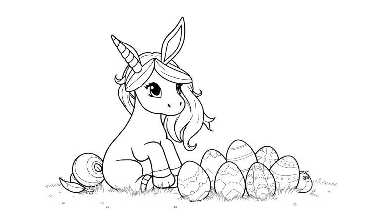 Kleurplaat van een schattige eenhoorn met golvende manen die op gras zit, versierde paaseieren en een lachend insect erbij.