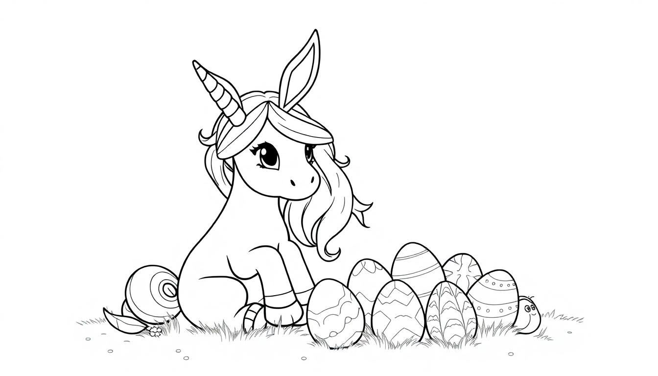 Kleurplaat van een schattige eenhoorn met golvende manen die op gras zit, versierde paaseieren en een lachend insect erbij.