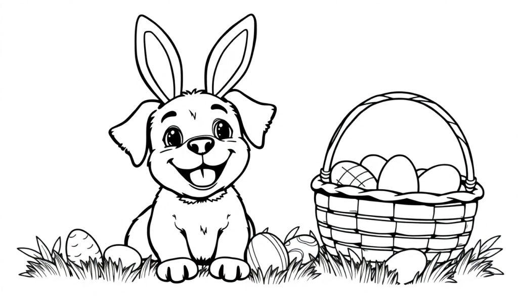 Kleurplaat van een puppy met konijnenoren op gras met paaseieren.