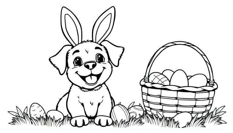 Kleurplaat van een puppy met konijnenoren op gras met paaseieren.