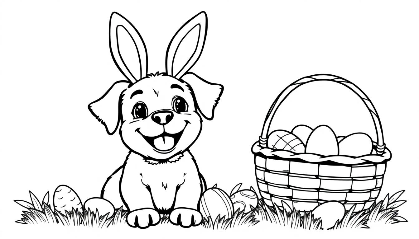 Kleurplaat van een puppy met konijnenoren op gras met paaseieren.