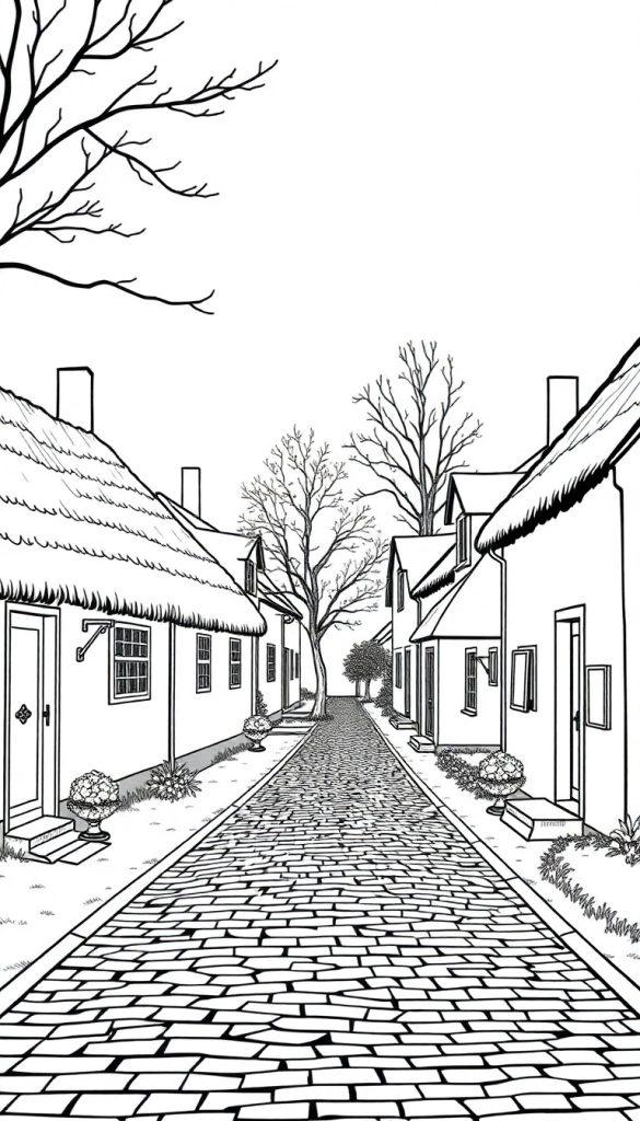 Een zwart-wit kleurplaat van een pittoreske geplaveide straat in een charmant dorpje met rieten daken en kale bomen op de achtergrond.