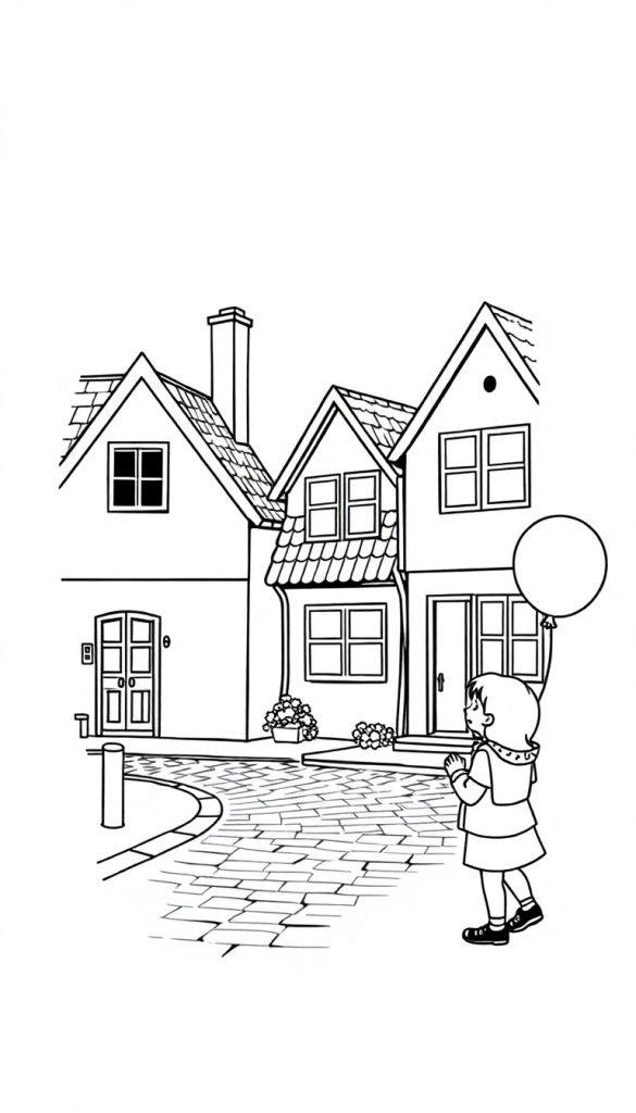 Kleurplaat van een straat met geplaveide stenen en huizen met puntdaken. Een kind met een rugzak houdt een ballon vast.