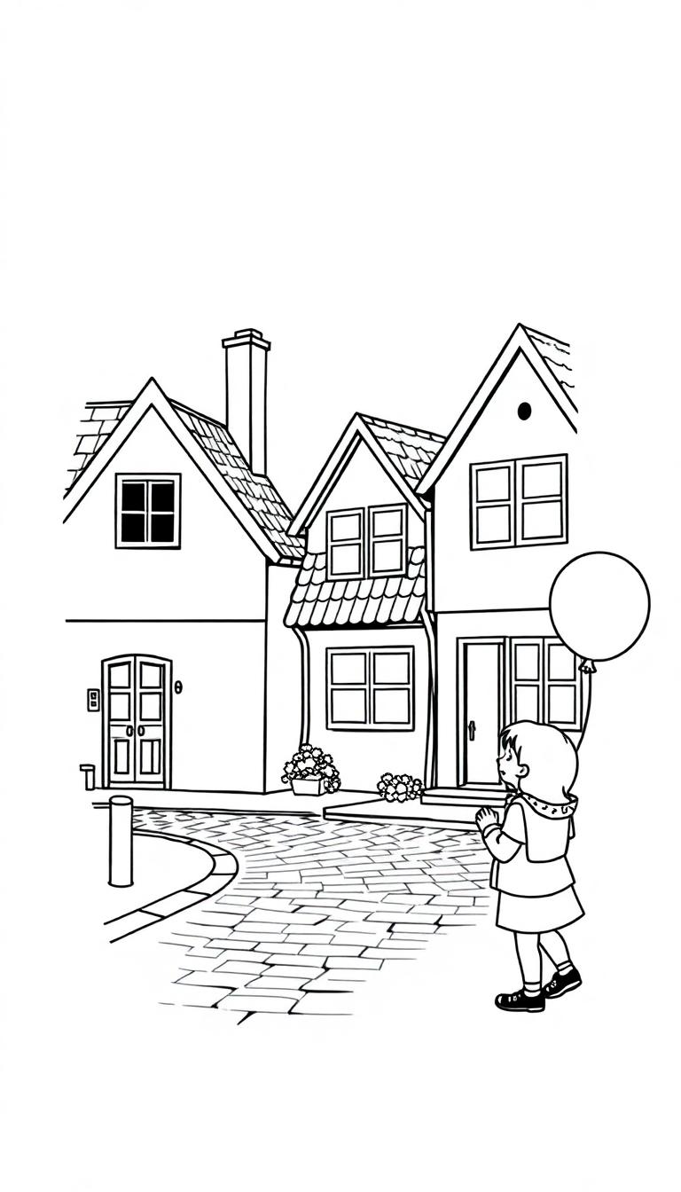 Kleurplaat van een straat met geplaveide stenen en huizen met puntdaken. Een kind met een rugzak houdt een ballon vast.