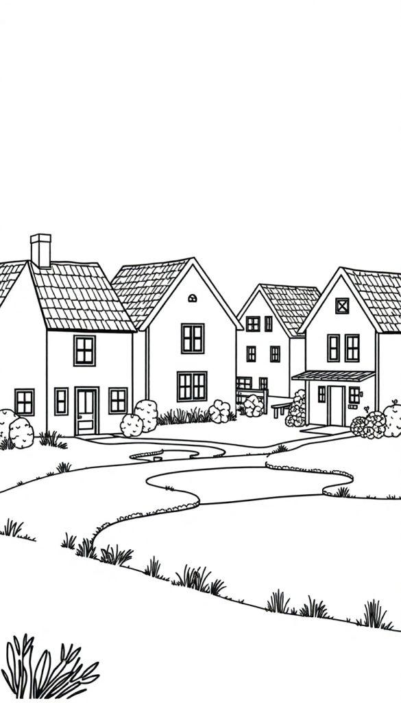 Kleurplaat van een rustieke woonwijk met schattige huisjes, een slingerend pad en veel natuur.