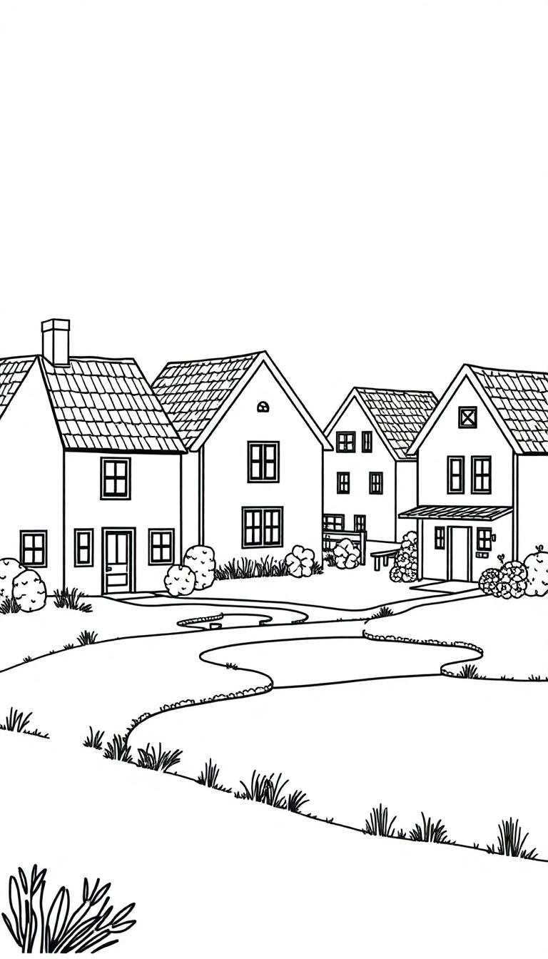 Kleurplaat van een rustieke woonwijk met schattige huisjes, een slingerend pad en veel natuur.