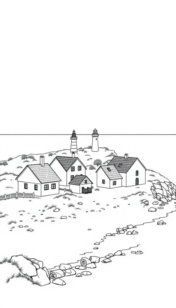 Een zwart-wit kleurplaat van een rustig kustdorp met huisjes, vuurtorens en een rotsachtige omgeving.