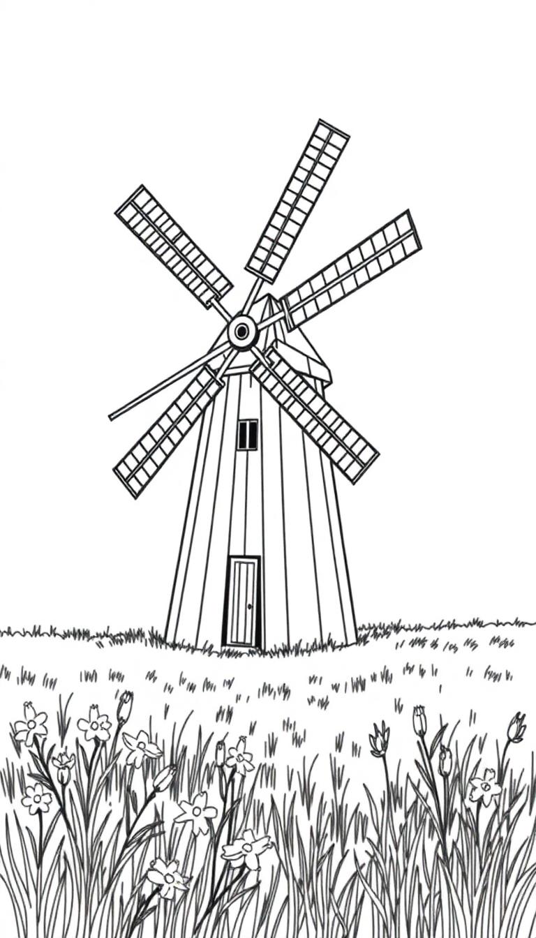 Kleurplaat van een klassieke windmolen met vier wieken in een rustig veld vol bloemen.