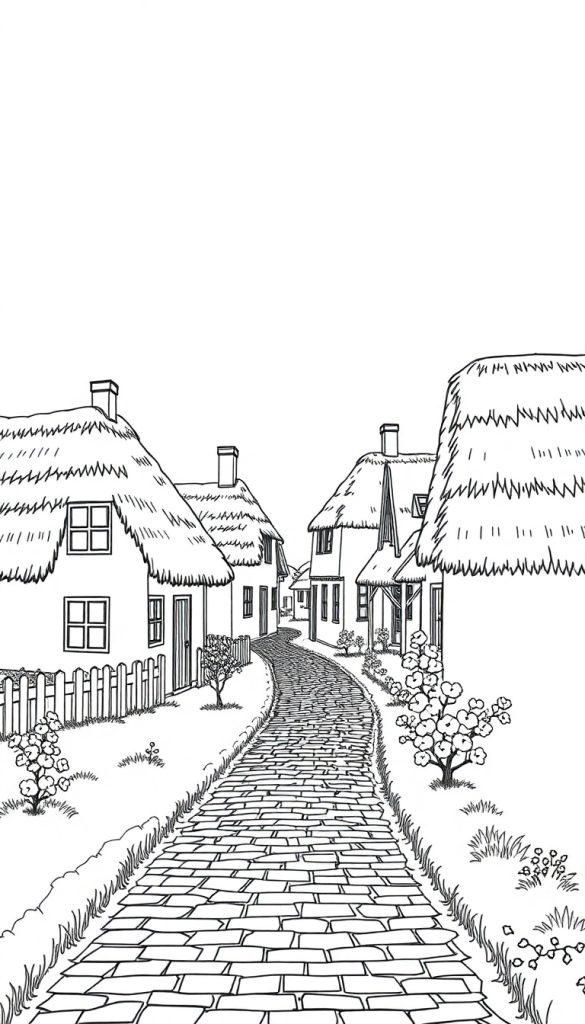 Kleurplaat van een idyllische dorpsstraat met huisjes, bloemen en een kronkelend pad.