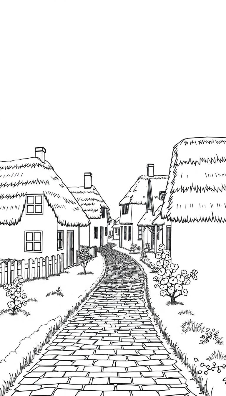 Kleurplaat van een idyllische dorpsstraat met huisjes, bloemen en een kronkelend pad.