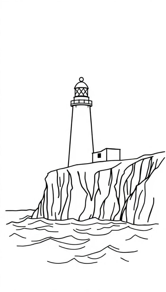 Kleurplaat van een vuurtoren op een rots boven de zee