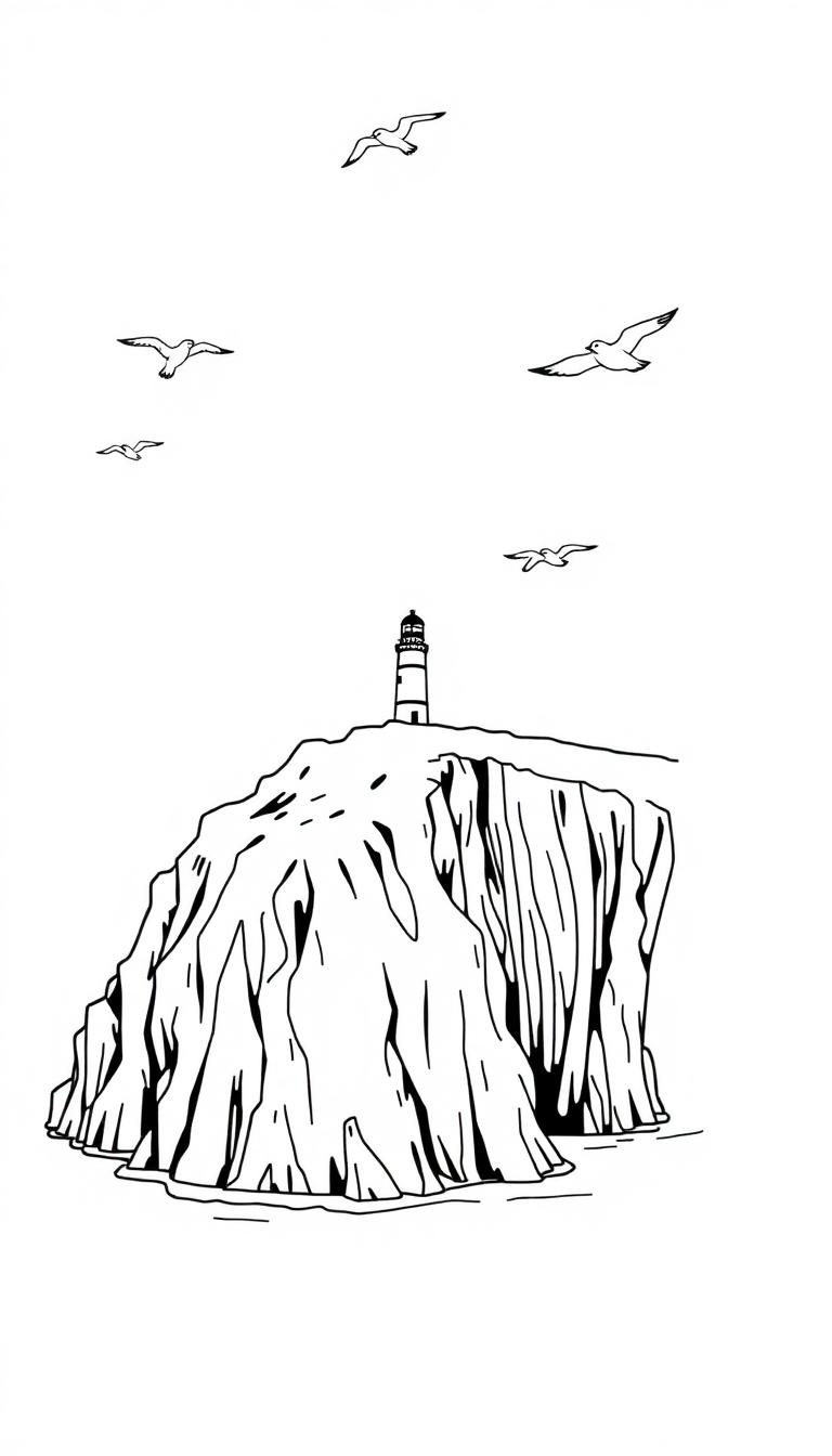 Kleurplaat van een vuurtoren op een hoge klif, met meeuwen die eromheen vliegen boven de zee.