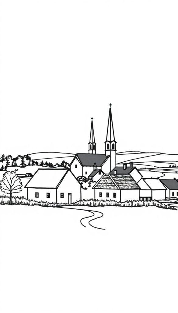 Kleurplaat van een rustig dorpslandschap met huizen, een kerk en glooiende heuvels.