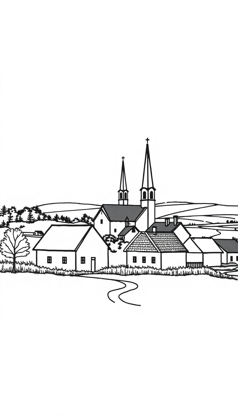 Kleurplaat van een rustig dorpslandschap met huizen, een kerk en glooiende heuvels.