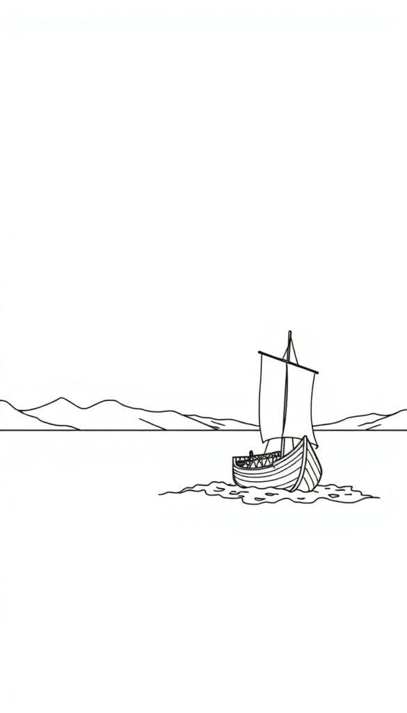 Kleurplaat van een eenvoudig getekende zeilboot met rechthoekig zeil, bergen op de achtergrond en water eromheen.