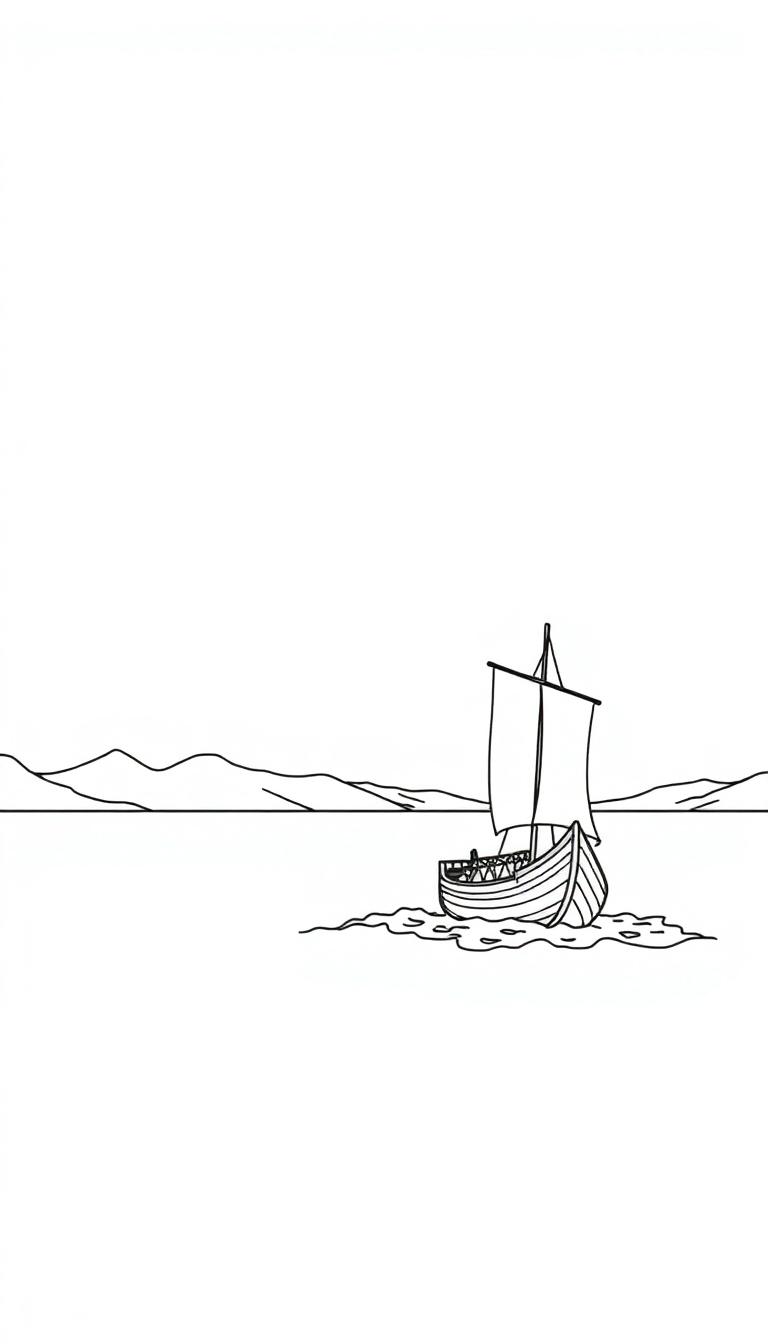 Kleurplaat van een eenvoudig getekende zeilboot met rechthoekig zeil, bergen op de achtergrond en water eromheen.