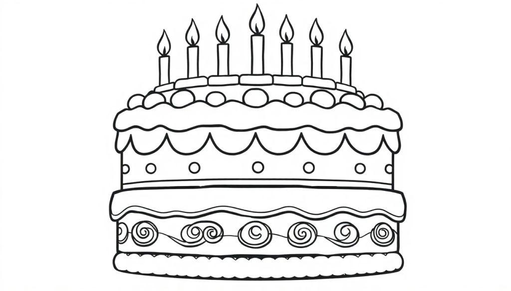 Kleurplaat van een meerlaagse verjaardagstaart met kaarsen om in te kleuren.