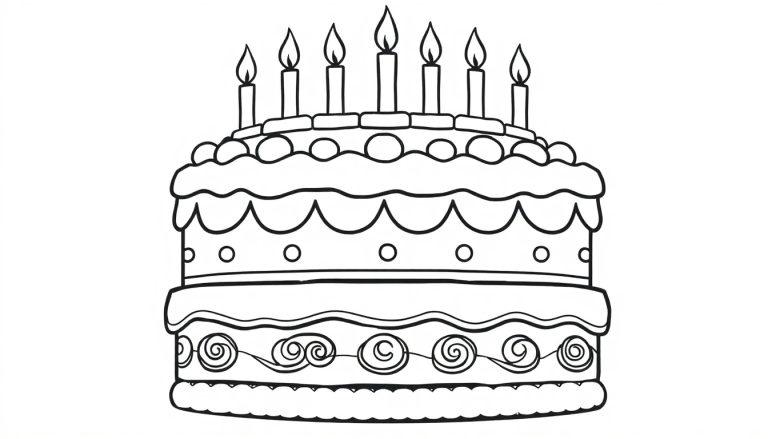 Kleurplaat van een meerlaagse verjaardagstaart met kaarsen om in te kleuren.