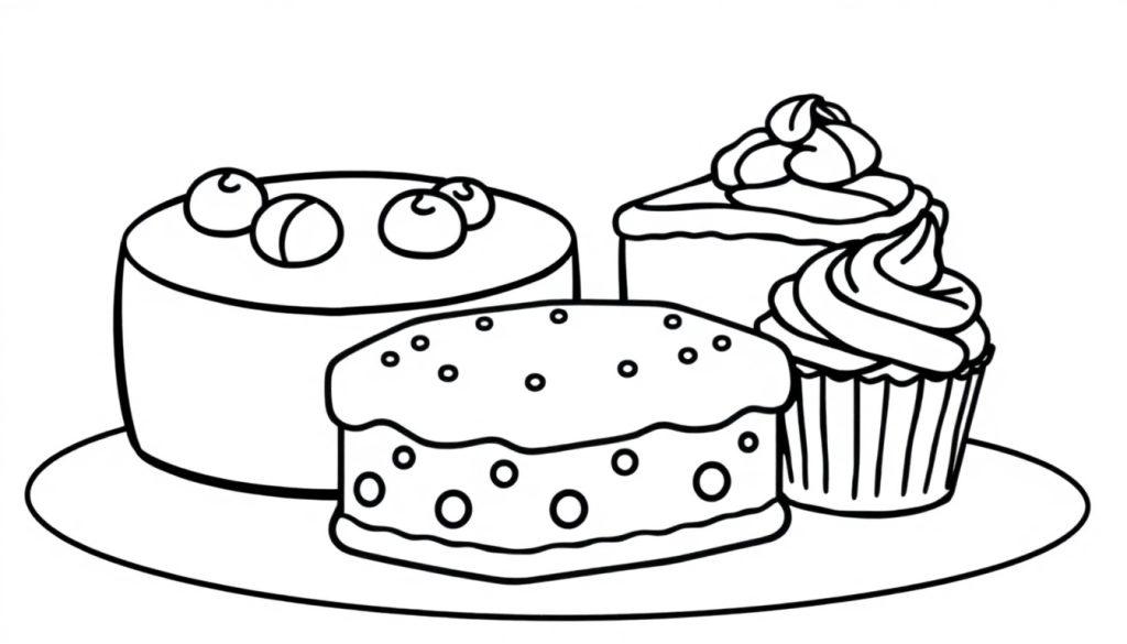 Kleurplaat van gebakjes met taart, een cupcake, een slagroompunt en een rechthoekig dessert.