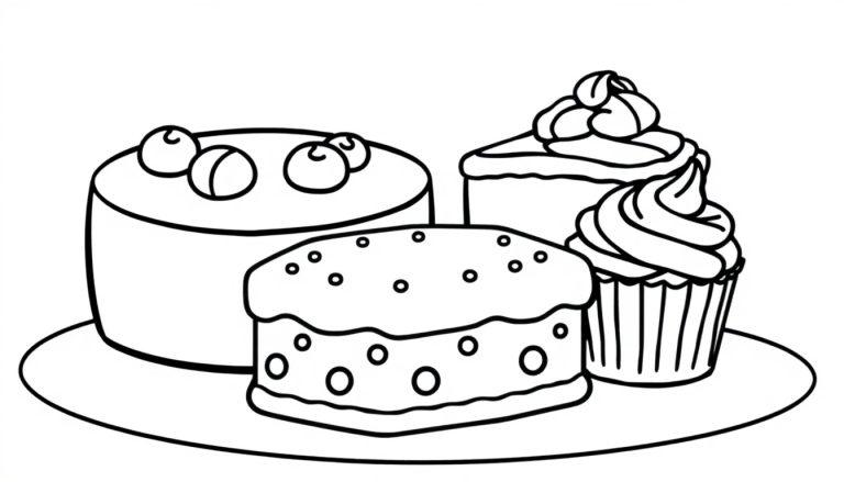 Kleurplaat van gebakjes met taart, een cupcake, een slagroompunt en een rechthoekig dessert.