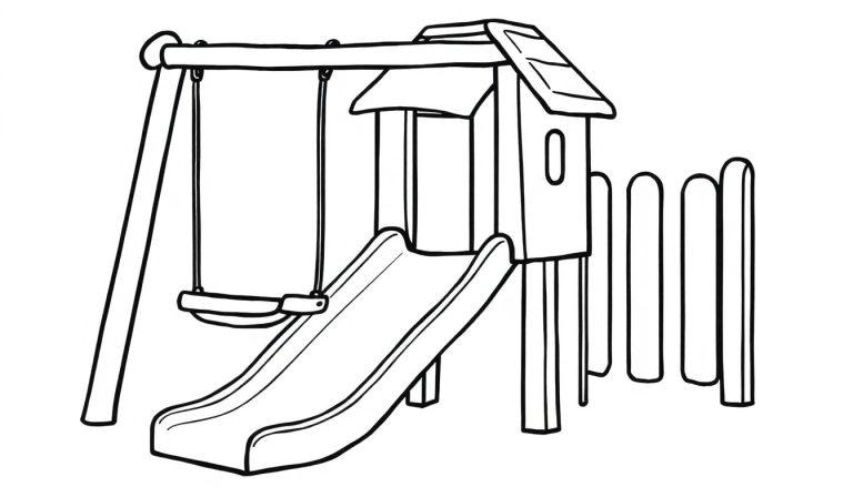 Kleurplaat van een speeltuin met een schommel, glijbaan en een speelhuisje.