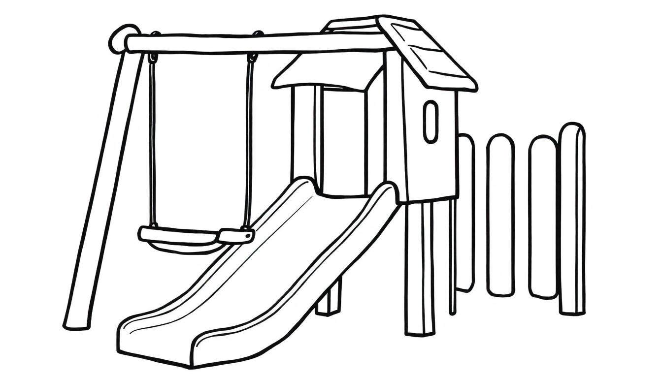 Kleurplaat van een speeltuin met een schommel, glijbaan en een speelhuisje.