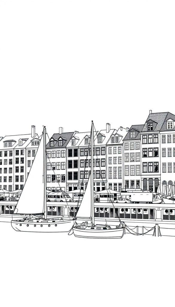 Kleurplaat van een havenstad met klassieke gebouwen, boten en zeilboten.