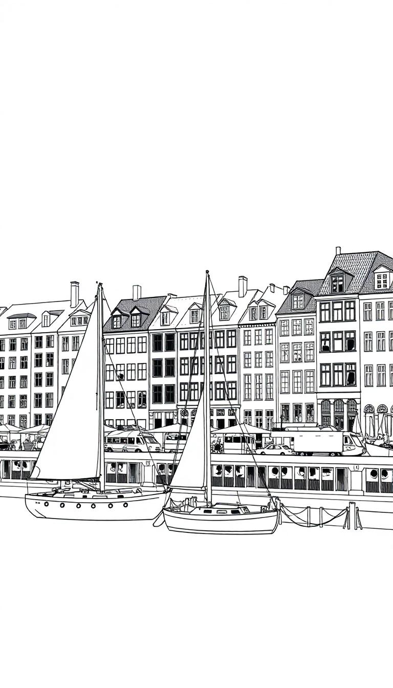 Kleurplaat van een havenstad met klassieke gebouwen, boten en zeilboten.