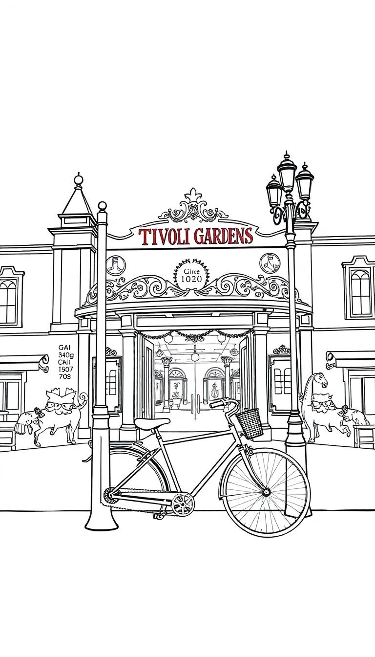 Een lijntekening van de ingang van Tivoli Gardens in Kopenhagen, Denemarken, met klassieke pilaren, bogen en decoraties, speciaal als kleurplaat.