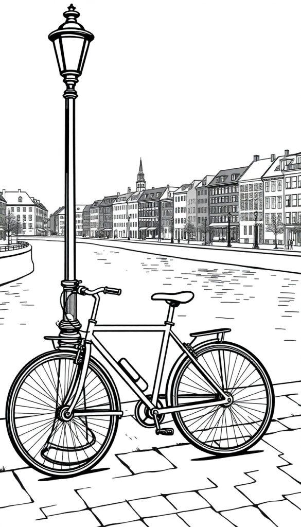 Kleurplaat van een rustieke stedelijke scène met een fiets bij een lantaarnpaal langs een kanaal en historische gebouwen op de achtergrond.