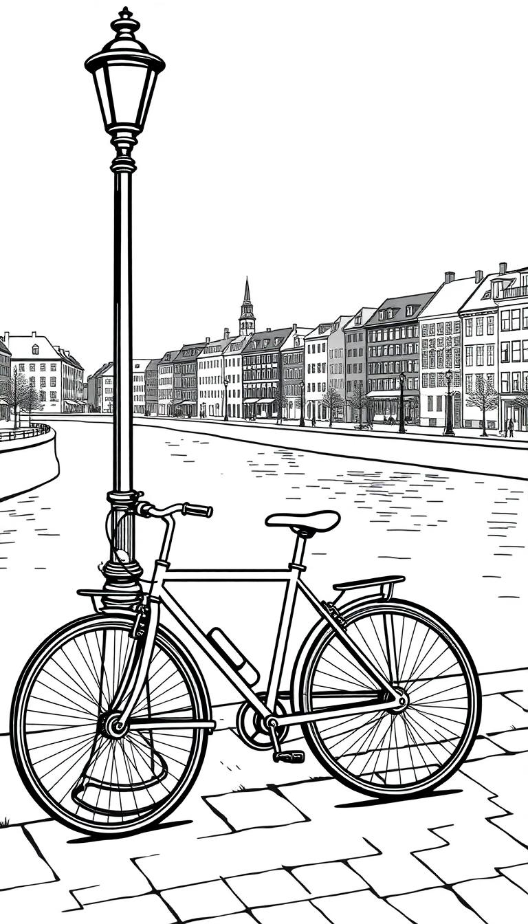 Kleurplaat van een rustieke stedelijke scène met een fiets bij een lantaarnpaal langs een kanaal en historische gebouwen op de achtergrond.