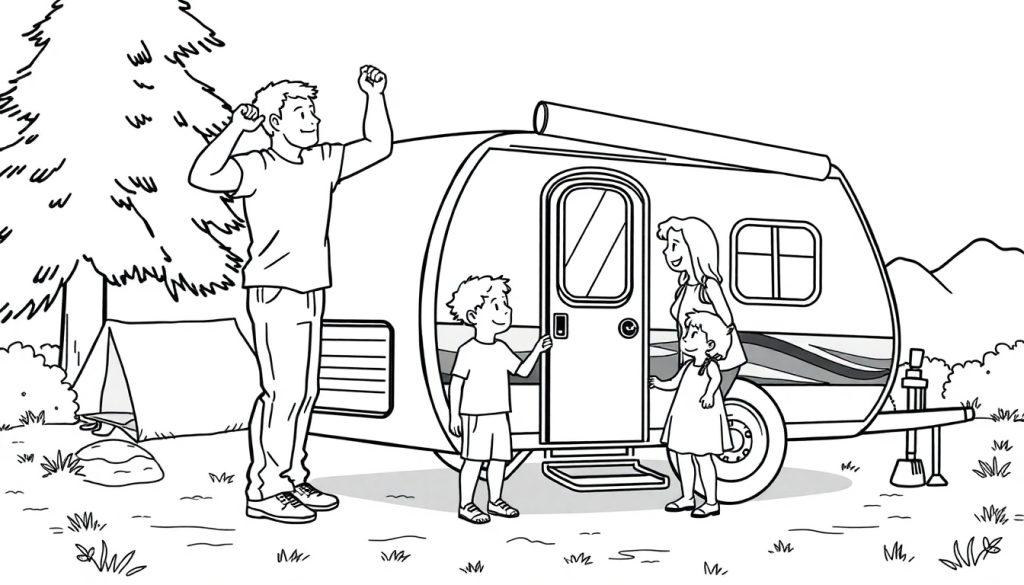 Zwart-wit kleurplaat van een gezin voor een vouwwagen op de camping.