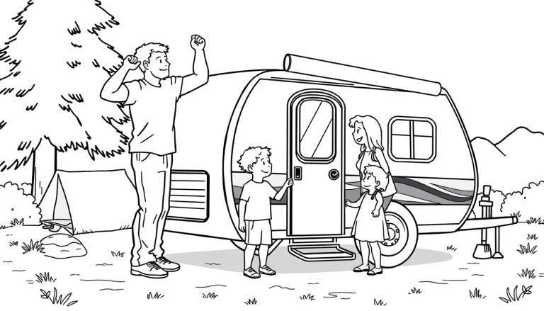 Zwart-wit kleurplaat van een gezin voor een vouwwagen op de camping.