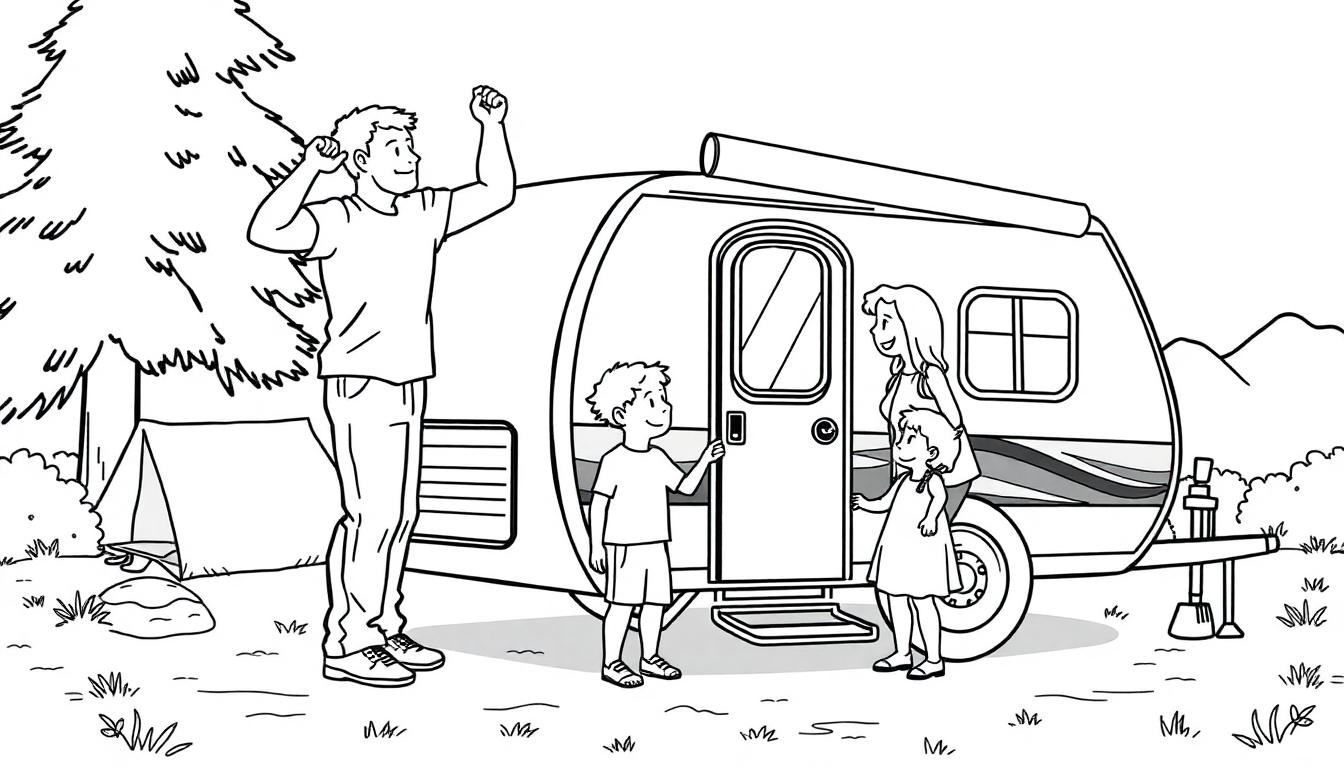 Zwart-wit kleurplaat van een gezin voor een vouwwagen op de camping.