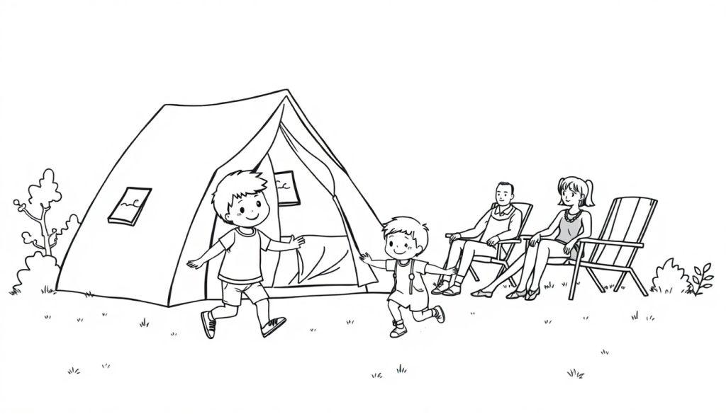 Kleurplaat met kinderen die spelen voor een tent, terwijl papa en mama in klapstoelen zitten.